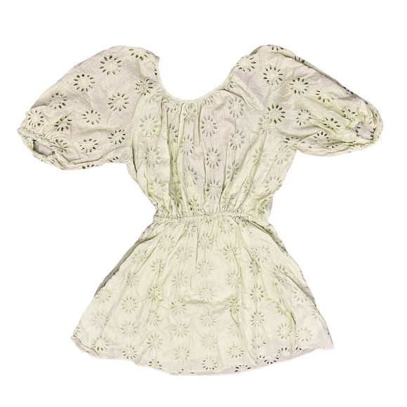 Zara Lime Pastel Green Cotton Floral Eyelet Lace Puff Sleeve Wrap Sun Mini Dress - Picture 4 of 9